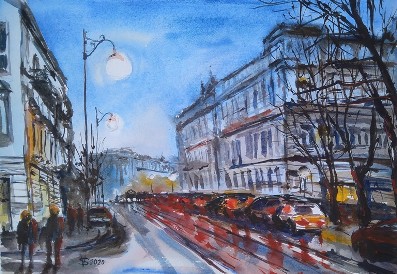 Město, Krakow, Kraków, soumrak, ulice, akvarel, waterpainting